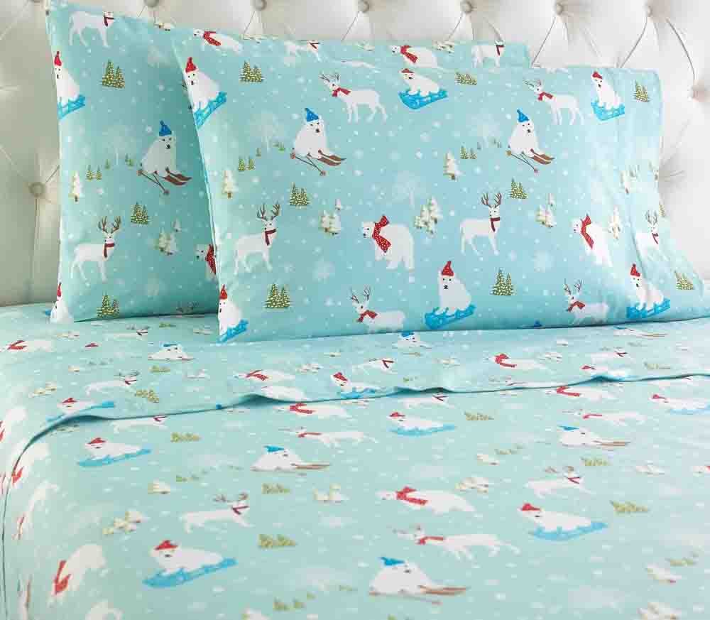 Shavel Home Products Micro Flannel Printed Sheet Set, Queen, Fun in The Snow