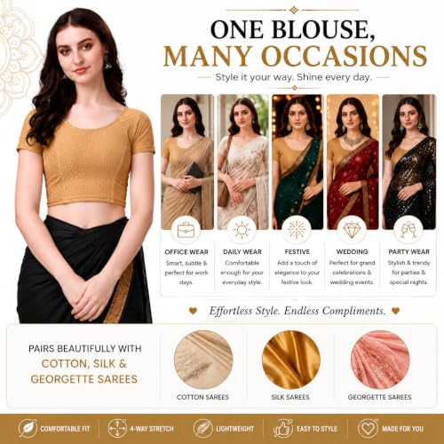 Image of Women's Stretch Cotton Saree Blouse | Readymade Blouse for Saree | Round Neck | Short Sleeves | Soft, Breathable & Comfortable