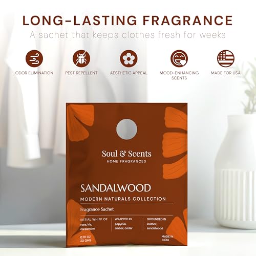 Image of Soul & Scents Sandalwood Fragrance Sachet | Allure of Rose and Charm of Amber | Long-Lasting Air Freshener for Car, Wardrobe, Kitchen, and Travel Bag | Pack of 3-20gm Each