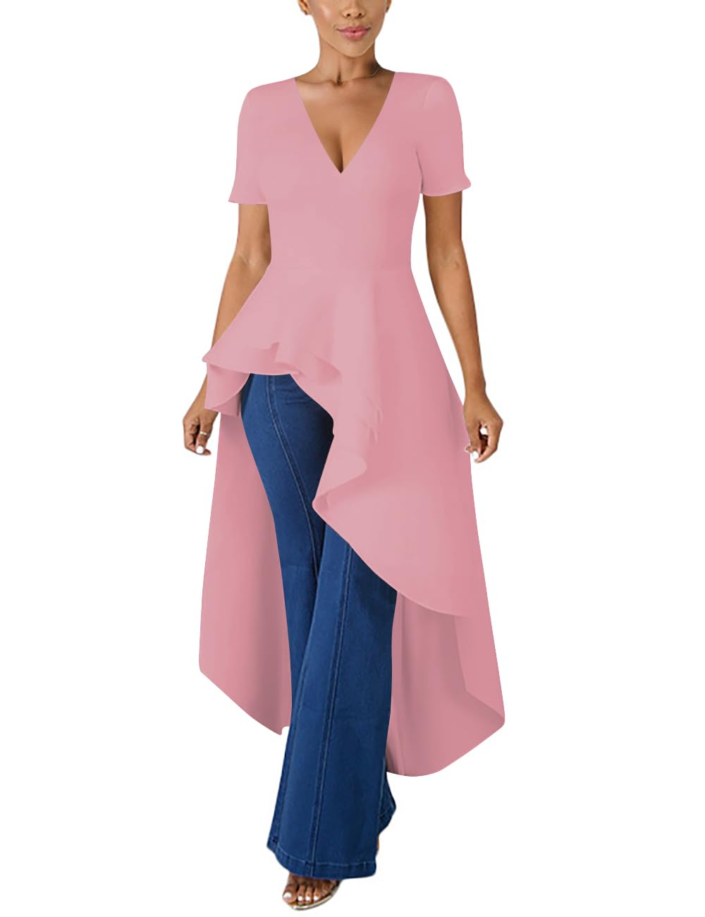 Womens V Neck Short Sleeve High Low Cocktail Party Dresses Peplum Tunic Tops Shirt Dress