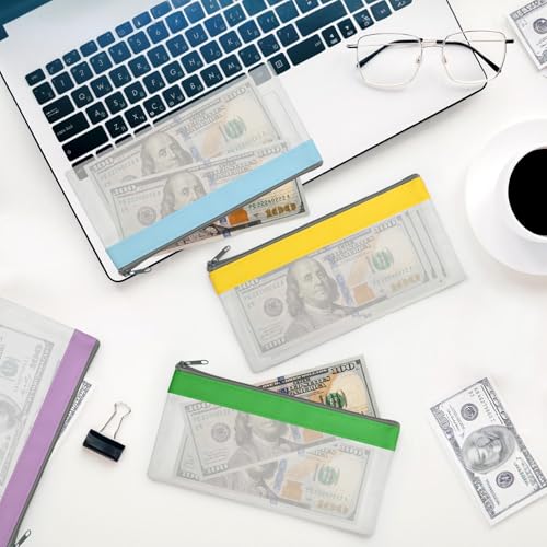 4 Pack Multi-Purpose Money Pouch, Cash Envelopes with Zipper, Money Bags Clear Bank Deposit Coin Bag for Coin, Deposit, Checks, Receipts, Passport (Color B)2