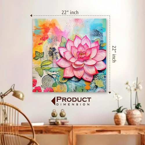 Image of PAINTINGMANTRA Abstract Lotus Floral Stretched Canvas Painting for Living Room | Modern Lotus Artwork Wall Decor Art For Livingroom, Bedroom, Office, Hallways - 22x22 Inch