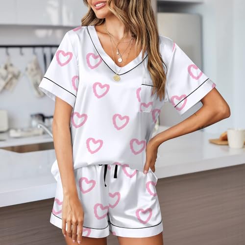 Image of Women Hearts Pajama Sets Satin Short-Sleeve Top and Shorts Set 2 Piece Loungewear Sleepwear