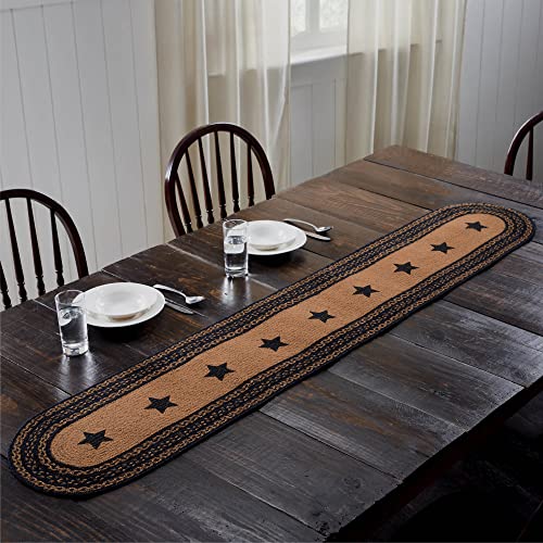 VHC Brands Farmhouse Star Braided Jute Table Runner Oval Black Tan 13×72