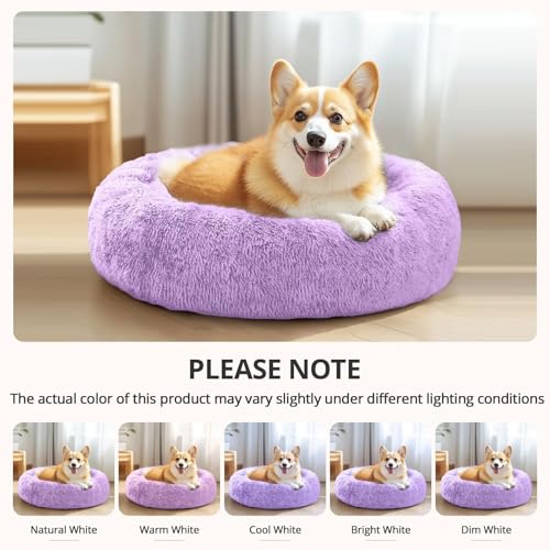 Image of JOLLYVOGUE Calming Dog Bed Medium Size Dog, 31in Donut Washable Medium Pet Bed, Anti-Slip & Anti-Anxiety Fluffy Faux Fur Round Dogs Bed, Fits up to 45 lbs Pets (Purple)