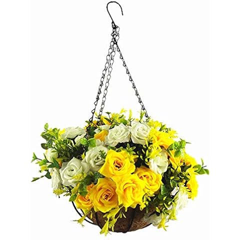 Mynse Silk Rose Flowers Hanging Flowerpot with Chain Wedding Home Garden Outside Decoration Hanging Bakset Artificial Rose Flowers Yellow and White (Big Basket) Cover