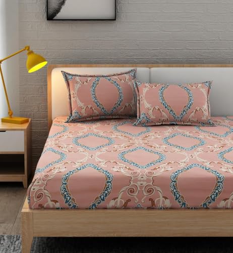 Image of 380 TC Premium Glace Cotton Elastic Fitted Bedsheet King Size with 2 Pillow Covers King Size | Double Bed with All Around Elastic (Pink, Fitted - 72 inchx78 inch King)