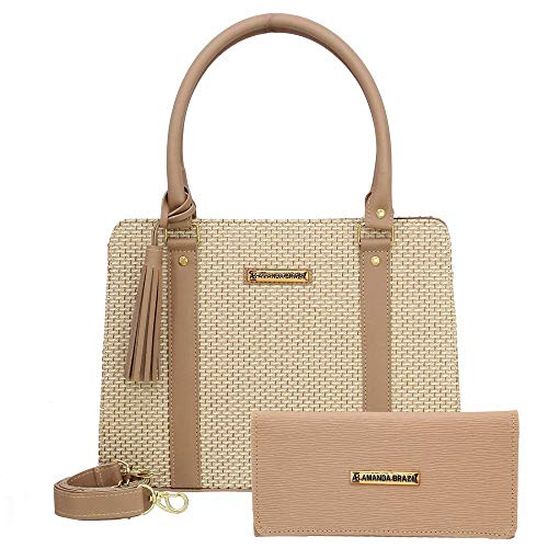 Kit Bolsa Baú Palha com Bolsa Carteira Alça Corrente Casual e Carteira Amanda Brazil