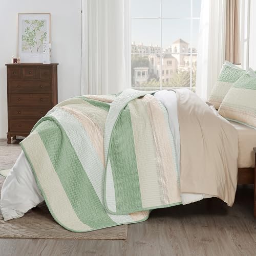 Image of Andency Queen Quilt Bedding Set Mint Pink, 3 Pieces Patchwork Summer Striped Ultra Soft Lightweight Bedspreads, Coverlets Set with 2 Pillow Shams for All Seasons (90 inchx96 inch)