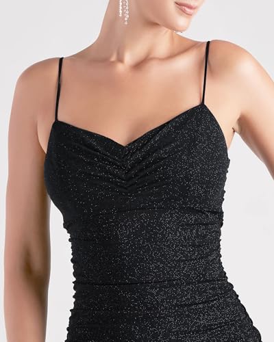 Image of ADDYVERO V-Neck Full Gather Shoulder Straps Sleeve Lurex Gliter Solid Mini-Length Hem Women Bodycon Dress