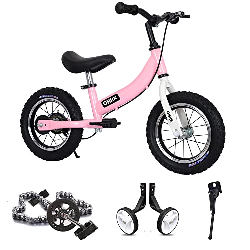OHIIK Balance Bike 2 in 1 for Kids 3 4 5 6 7 Years Old,Balance to Pedals Bike,12 14 16 inch Kids Bike,with Pedal kit,Training Wheels,Brakes (14 inch, Pink)