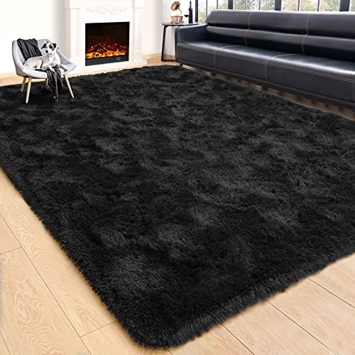 Rostyle Super Soft Fluffy Area Rugs for Living Room Bedroom, 5 ft x 8 ft Shaggy Floor Carpets Shag Christmas Rug for Girls Boys Furry Home Decorative Rugs, Black