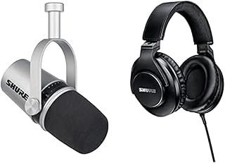 Shure MV7 USB/XLR Dynamic Microphone + SRH440A Headphones + Gator 3000 Boom Stand Bundle for Podcasting, Recording, Streaming & Gaming, Built-In Headphone Output, Voice-Isolating Technology - Silver