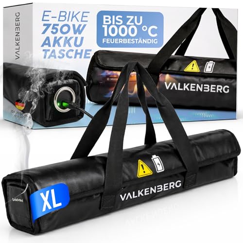 VALKENBERG E-Bike Akku Tasche – Feuerfeste Akkubox für E-Bike Akkus mit Kabeldurchführung – Akku Schutzhülle feuerfest inkl. Trageschlaufe – Akku Transportbox & Aufbewahrungstasche, Größe XL