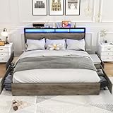Kiivakii King Size Bed Frame with 4 Storage Drawers, LED Platform Bed with Headboard, Built in Charging Station, Noise-Free, Metal Support Base, No Box Spring Needed, Gray