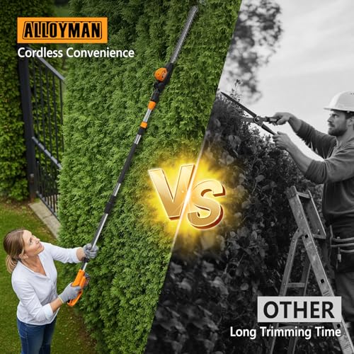 Image of Alloyman 20V Pole Hedge Trimmer, Cordless Hedge Trimmer with 2 Packs 4.0Ah Battery & Charger, 9-Feet Reach, Electric Bush Trimmer with Extension Pole for Shrubs Pruning