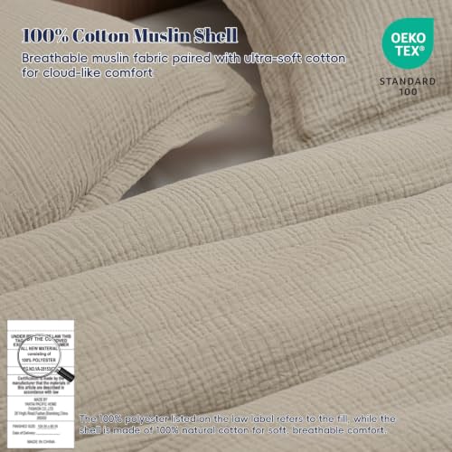 Image of PHF Cotton Muslin Comforter Set King - 100% Cotton Cover, Ultra Soft & Breathable, 3PCS Lightweight All-Season Bedding with Polyester Fill, 1 Comforter 104 inchx90 inch & 2 Pillow Shams 20 inchx36 inch, Taupe