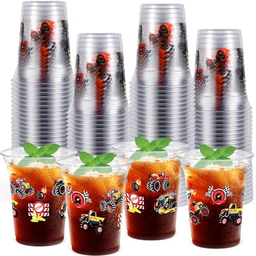 FoldTier 50 Pcs Monster Truck Cups 12 oz Truck Birthday Plastic Cups Clear Machines Jam Disposable Glasses Racing Car Theme Drinking Glasses for Home Kitchen Monster Party Favors Supplies Decoration