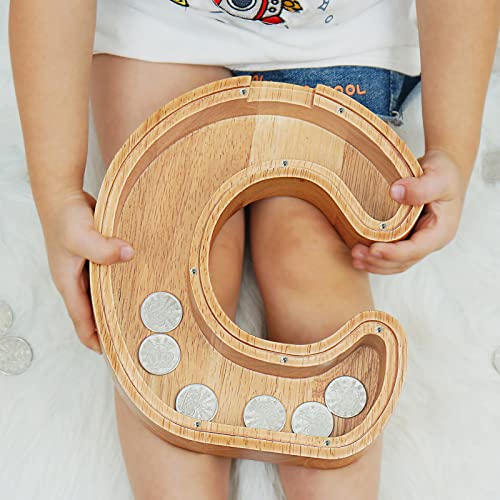 Image of Piggy Bank for Kids, Boys, Girls, Large Personalized Wooden Letter Piggy Bank with Cut Out Design, Alphabet Letter Coin Banks, Money Savings Box, Wooden Bench for Kids Creative