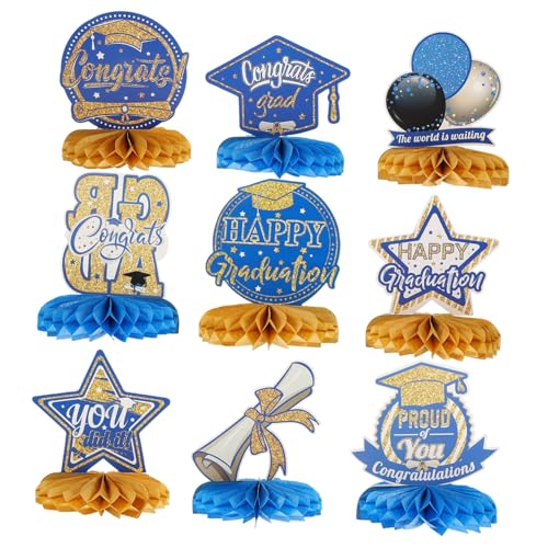 iplusmile 9 Pezzi Decorazioni Laurea Honeycomb Blu Centrotavola Festa di Laurea Addobbi Tavola Resistenti e Facili da Usare per