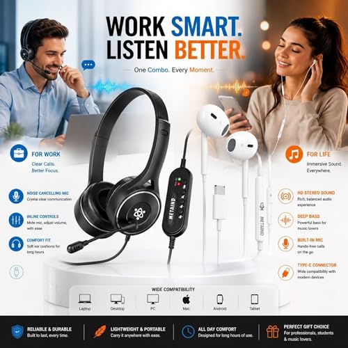 Image of Metaind USB Headset with Mic Meta MT30 for PC & Laptop and CT100 Type-C Earphone Combo for Calling, Online Classes, Meetings & Work from Home