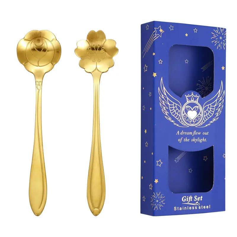 Worldwide e-Mart Creative Sakura Stainless Steel Spoon Golden Rose Coffee Spoon with Gift Box Wedding Souvenir