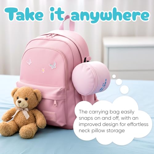 Image of Proglobe Junior Kids Travel Neck Pillow - Ergonomic Memory Foam Pillow for Airplane, Car, Booster Seat - Soft, Washable, Compact Travel Pillow with Strap - Light Pink - Ages 4-13