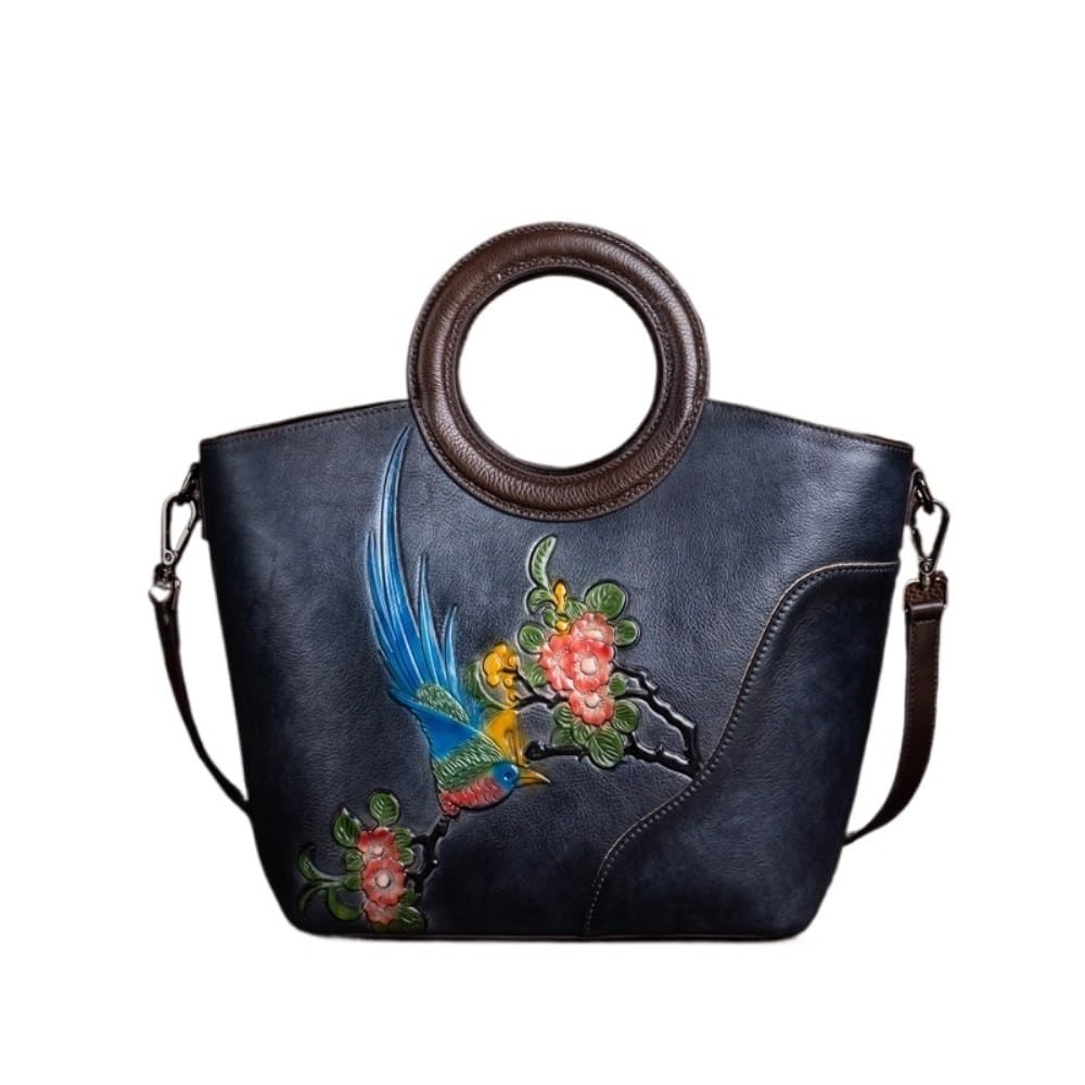 mmaili Minimalist Women's Top-Grain Leather Bucket Bag - Retro Embossed Hand-Painted Handheld & Crossbody Bag(Black)