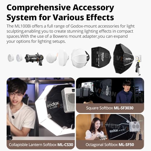 Image of Godox ML100Bi 120W Godox LED Video Light Kit with 60cm Softbox | 2800K-6500K Bi-Color LED, 34300Lux, CRI 97+ /TLCI 98+, APP Control, 11 FX Effects, Live Streaming, Photography