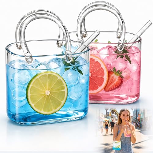 Unique Purse-Shaped Drinking Glass Set of 2 24oz Thick Wine Glasses for Women Funky Fish Bowl Vase Creative Cup for Juice Tea Matcha Coffee Flowers (Bubbled)