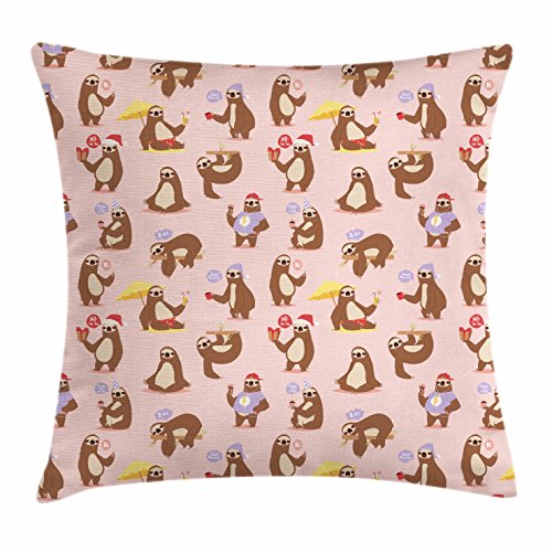 Lunarable Sloth Throw Pillow Cushion Cover, Cartoon Lazy Animals with Many Different States Sunbathing Eating and Doing Yoga, Decorative Square Accent Pillow Case, 16
