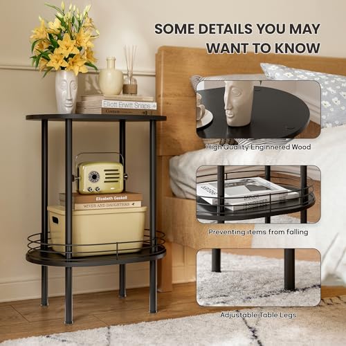 Image of Small Modern Oval Side Table with Storage,2-Tier Side Tables Living Room,Sturdy Nightstand for Small Space - Living Room, Bedroom, Bathroom, Nursery,（1 PC,Black）