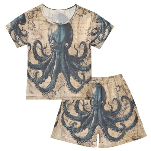 ALAZA Octopus Nautical Map Vintage Stylish Pajamas Set Short Sleeve Cotton Sleepwear Summer Pjs 2 Piece 5-14Y