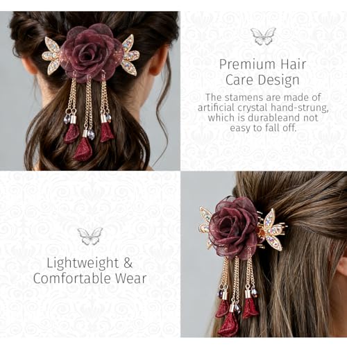 Image of ZIBUYU Flower Clutchers for Hair with Tassel, French Hair Clips Accessories for Woman & Girls, Vintage Floral Design, for Weddings, Performances, and Daily Styling
