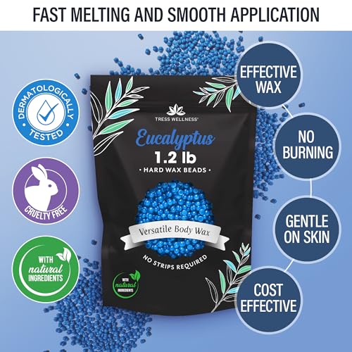 Image of Tress Wellness Wax Beads - Safe for Skin - Dermatologically Tested - At-Home Kit for Bikini, Brazilian & Full Body - Eucalyptus 1.2 lbs