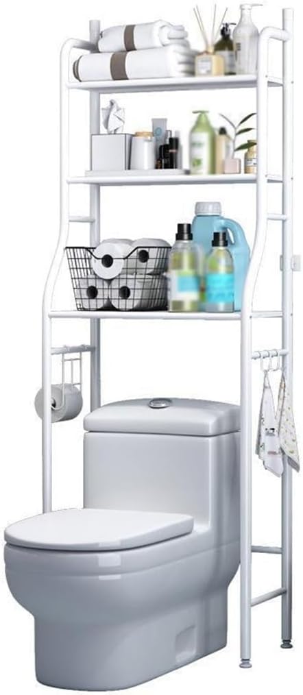 Free Standing Toilet Rack Over The Bathroom with Hook and Roll Holder, Organizer Above Shelf Toilet, Toilet Storage for Laundry/Toilet，Space Saver (Color : White)
