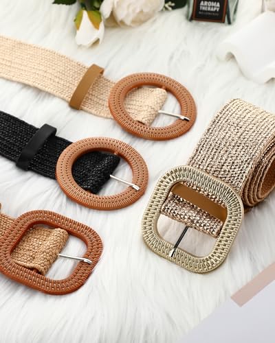 Image of WILLBOND 4 Pcs Women's Elastic Raffia Woven Belt, Boho Rattan Buckle Stretch Straw Wide Waist Belt for Dresses Jeans Pants