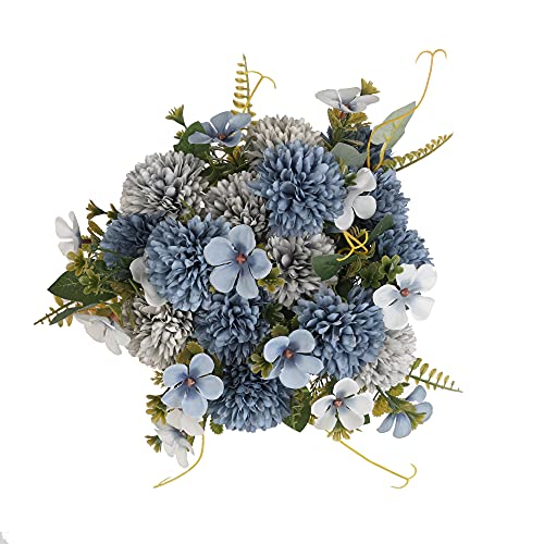 Louiesya 4pcs Gray Bule Artificial Flowers -20 Head Silk Chrysanthemum & Hydrangea Bouquet - Fake Wedding Party Decor for Home Garden