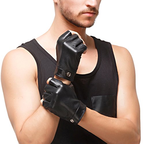 Nappaglo Men's Fingerless Gloves Imported Lambskin Leather Mesh Half Finger Driving Cycling Outdoor Unlined Gloves (XXL (Palm Girth:9.5