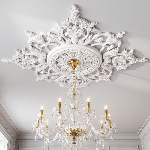 Image of Novabright 47'' Large Ceiling Medallion for Light Fixtures 47 inchod x 2.36'' ID French Style PU Ceiling Medallion Combination 5 Pcs Set Easy Installation for Chandelier Ceilings Decor, Glue Not Included