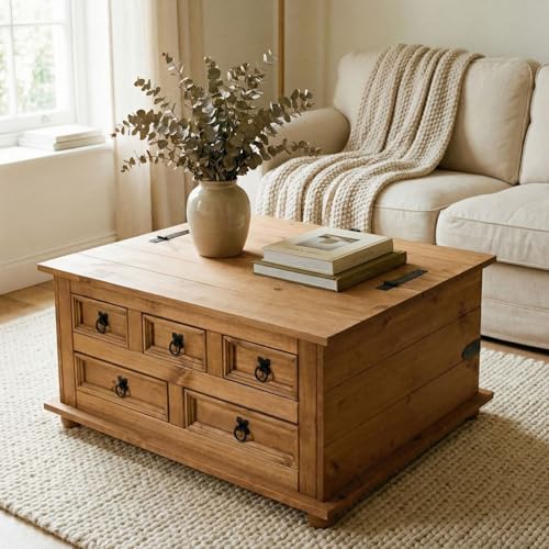 IDIMEX Table Basse de Salon Tequila Coffre Malle de Rangement rectangulaire en Bois Style Mexicain avec 5 tiroirs, en pin Massif Finition teintée et cirée