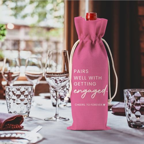 Image of Engaged Engagement Gifts for Couples Her Engagement Party Decorations | Engaged Wine Bag for Couple Women Pairs Well with Getting Engaged Wine Accessory Sets Pink