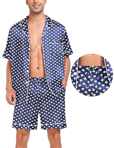Image of SWOMOG Men Silk Pajama Set Short Sleeve Satin PJs Sets 2 Piece Button Down Sleepwear Soft Summer Loungewear with Pockets