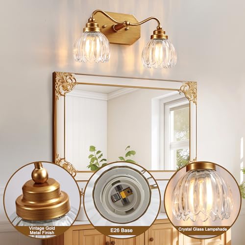 Image of Vintage Bathroom Light Fixtures, 2 Light Gold Bathroom Vanity Light, Matte Antique Brass Finish with Crystal Glass Shade, Wall Sconces Lighting for Bedroom, Living Room, Hallway