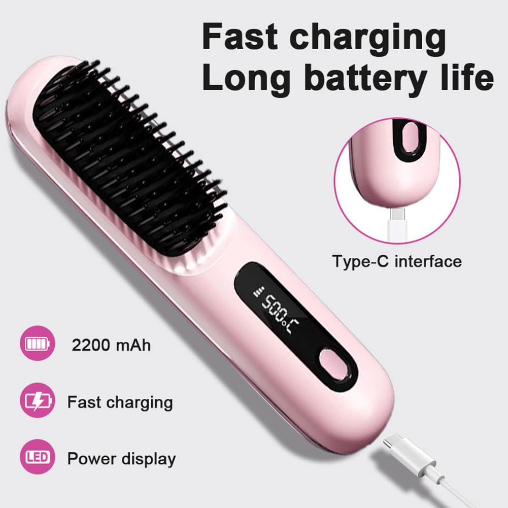 Brosse à Cheveux électrique, Brosse lissante sans fil, Rechargeable Brosse Chauffante pour Femmes et Hommes sans fil avec affichage LED - 3 Niveaux de Température - Pour lisser et Boucler (Rose)