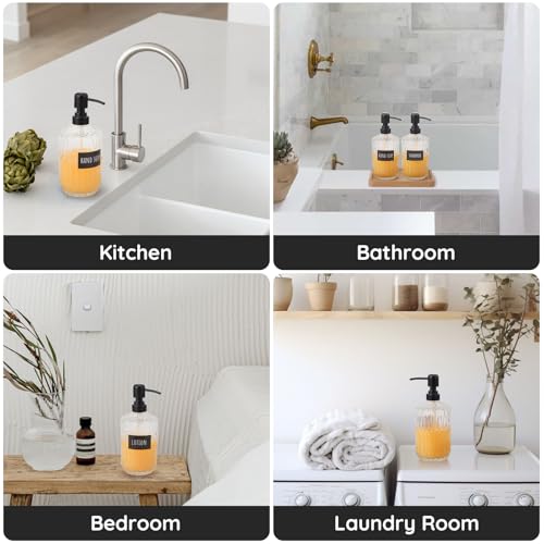 Image of Segbeauty 15.2oz Glass Soap Dispenser Refillable, 2pcs Empty Bathroom Hand Soap Dispenser with Stainless Steel Pump, 450ml Clear Lotion Pump Bottle with Labels, Vintage Shampoo and Conditioner Bottle