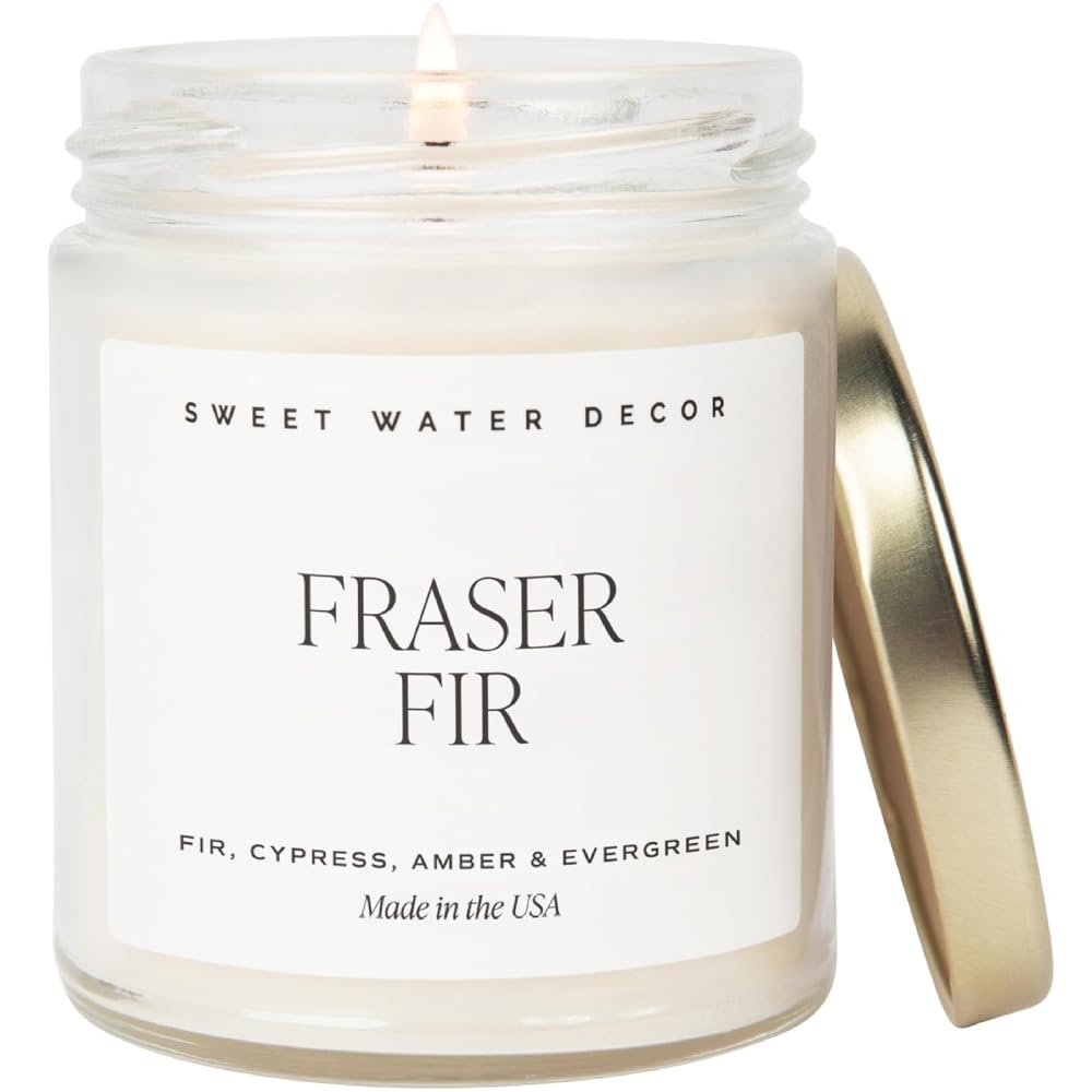Sweet Water Decor Fraser Fir Candle | Evergreen, Cedar, Balsam, Pine Winter Christmas Tree Scented Soy Candles for Home | 9oz Clear Jar, 40 Hour Burn Time, Made in The USA