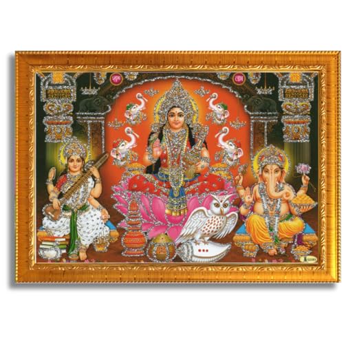 Image of CRAFT QUEST Lakshmi Devi with ganesh ji and saraswati mata Wall Painting Photo Frame for Diwali Pujan (Synthetic, Golden, Sparkle Finish, Small Size, 8 X 6 Inch)
