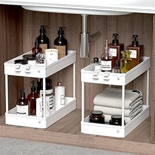 SPACEKEEPER Under Sink Organizer, 2 Tier Under Sink Storage Shelf, Under Cabinet Organizer Basket, Multi-purpose Bath Collection for Bathroom Kitchen Countertop, 40x22x31cm, White, 2 Pack