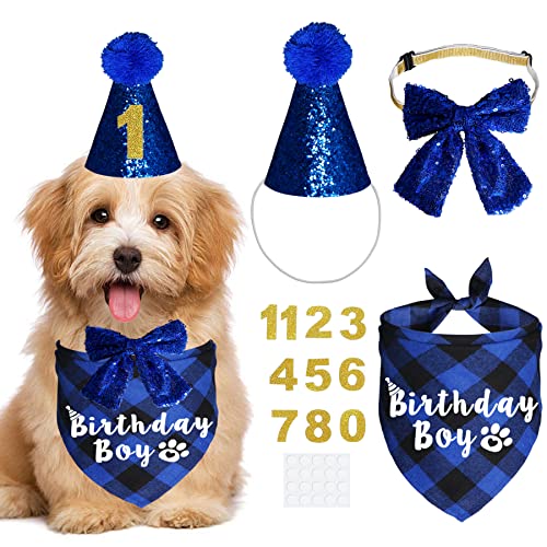 JOTFA Forniture per feste di compleanno per cani, costume di compleanno per cani, motivo scozzese, per compleanno, ragazzo, ragazza, papillon per cani di piccola taglia e media taglia (blu, set da 5)